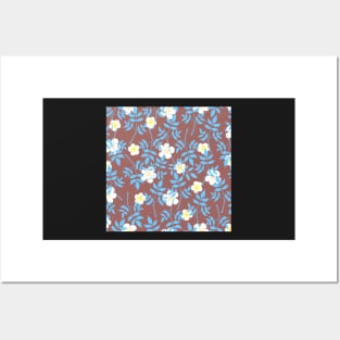 Blue leaves and flowers pattern on brown Posters and Art